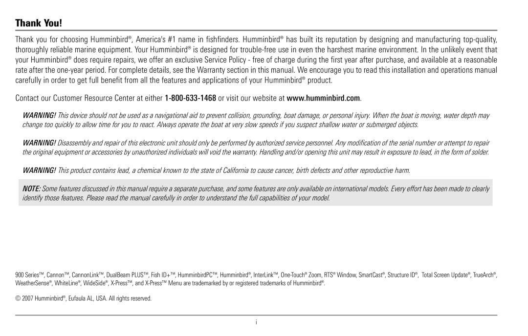 Humminbird 967C manual Thank You, Humminbird, Eufaula AL, USA. All rights reserved 