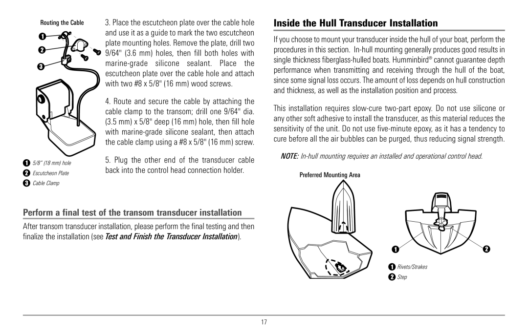 Humminbird 967C manual Inside the Hull Transducer Installation, Perform a final test of the transom transducer installation 