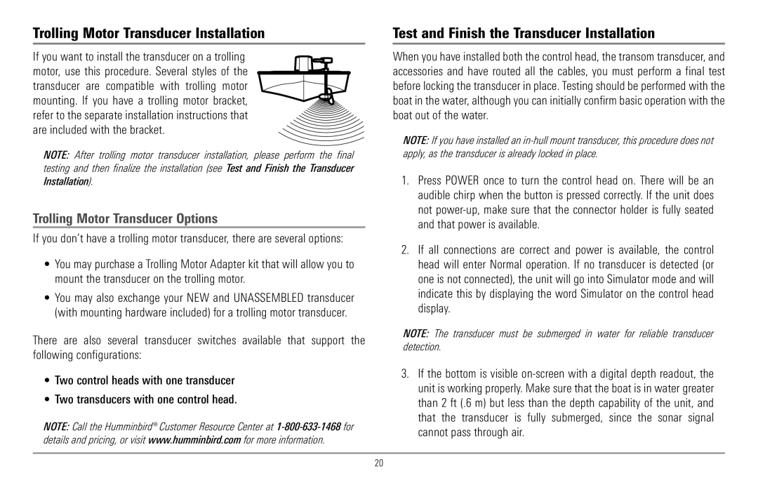 Humminbird 967C manual Trolling Motor Transducer Installation, Test and Finish the Transducer Installation 