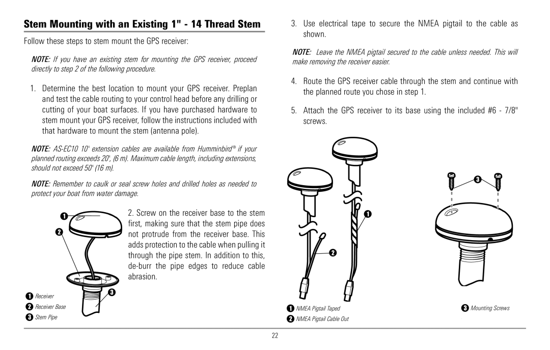 Humminbird 967C manual Stem Mounting with an Existing 1 14 Thread Stem, Follow these steps to stem mount the GPS receiver 