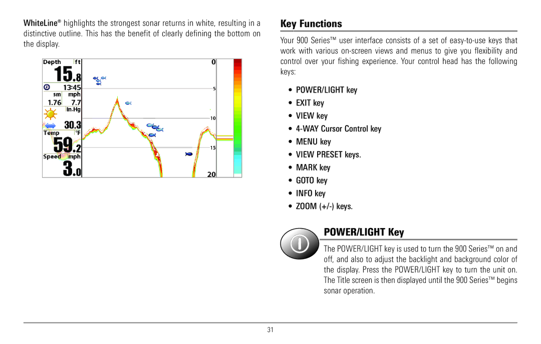 Humminbird 967C manual Key Functions, POWER/LIGHT Key 