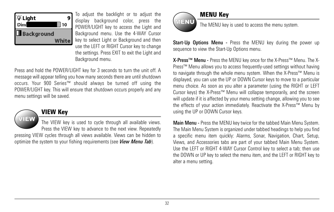 Humminbird 967C manual View Key, Menu Key 