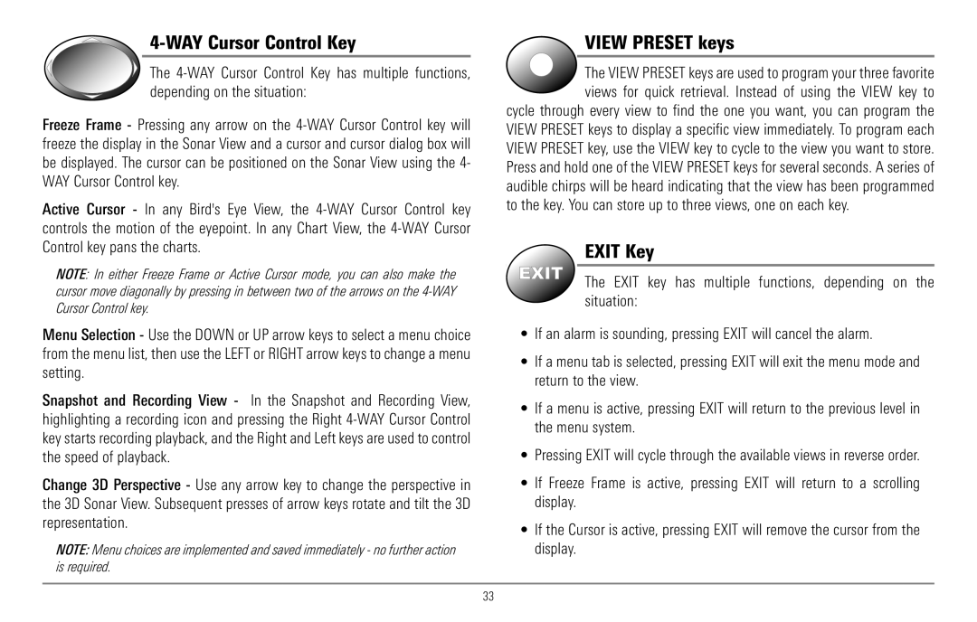 Humminbird 967C manual WAY Cursor Control Key, View Preset keys, Exit Key 