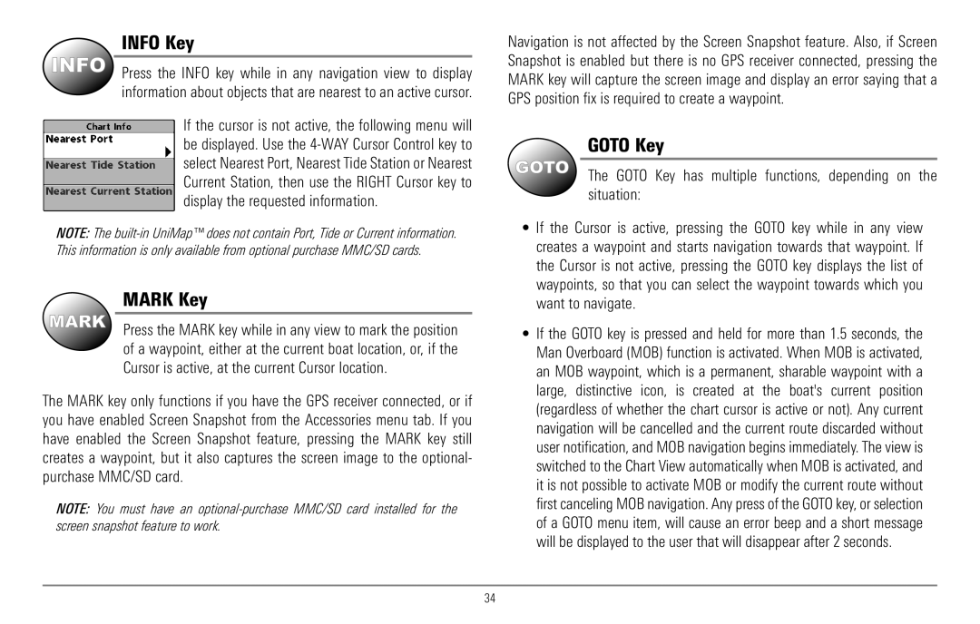 Humminbird 967C manual Info Key, Mark Key, Goto Key has multiple functions, depending on the situation 