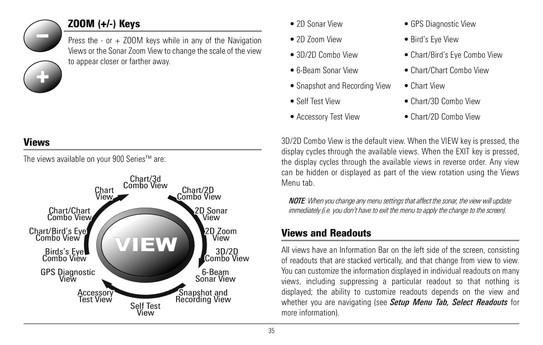 Humminbird 967C manual Zoom +/- Keys, Views and Readouts 