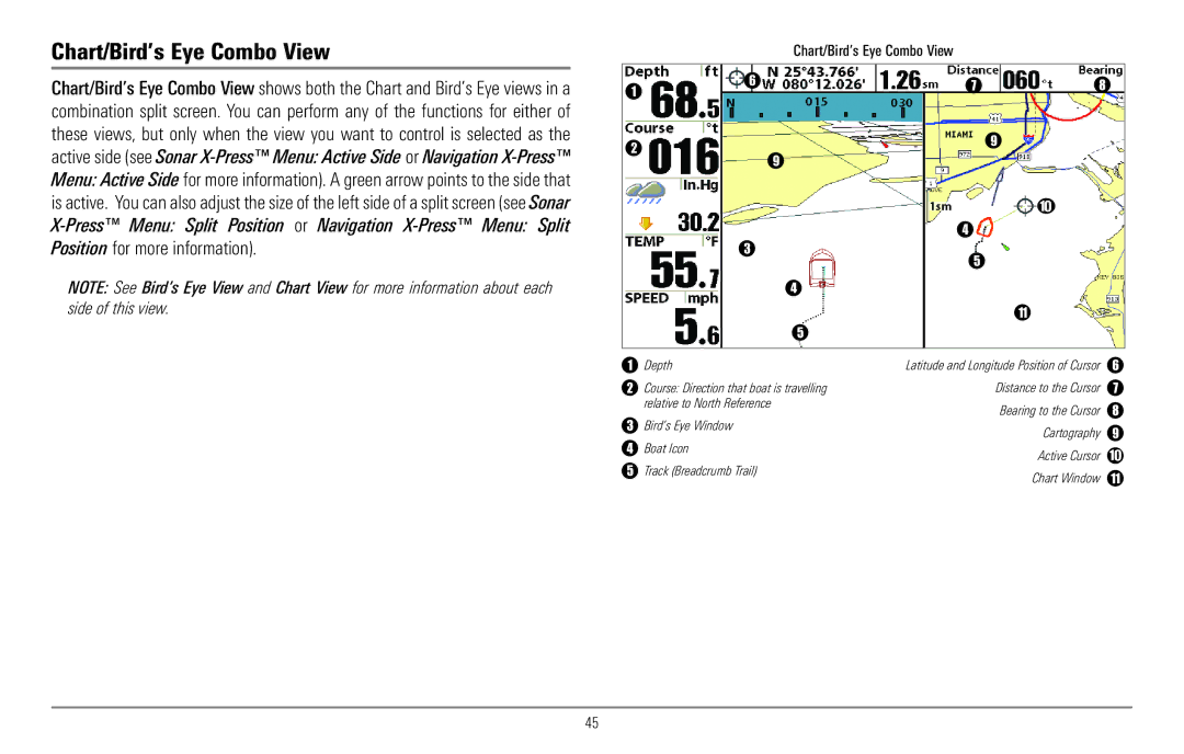 Humminbird 967C manual Chart/Bird’s Eye Combo View 