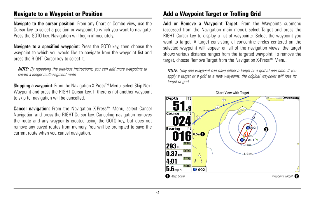 Humminbird 967C manual Navigate to a Waypoint or Position, Add a Waypoint Target or Trolling Grid 