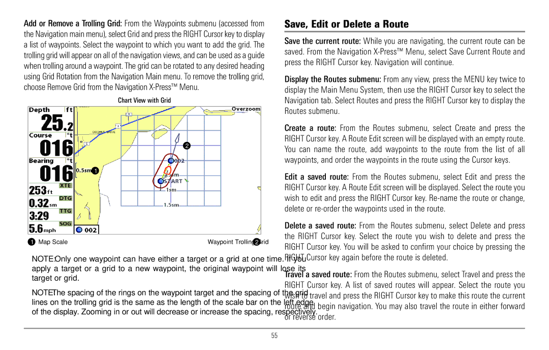 Humminbird 967C manual Save, Edit or Delete a Route, Chart View with Grid 