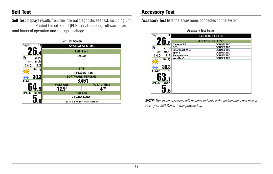 Humminbird 967C manual Self Test, Accessory Test Screen 