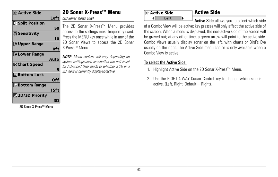 Humminbird 967C manual 2D Sonar X-Press Menu, Active Side, 2D Sonar Views only 
