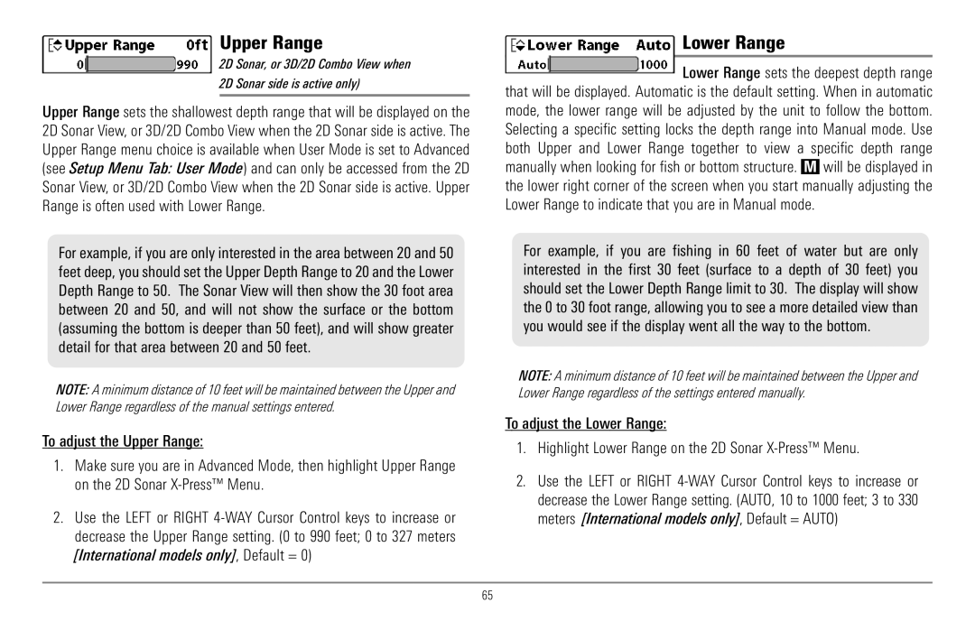 Humminbird 967C manual Upper Range, Lower Range 