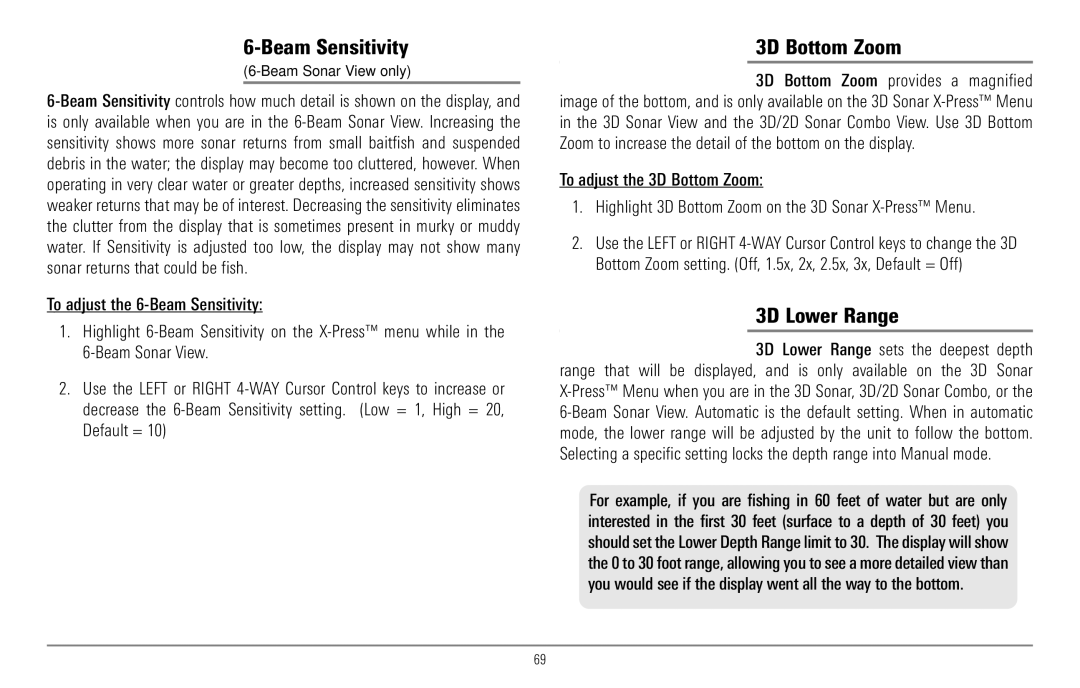 Humminbird 967C manual Beam Sensitivity, 3D Bottom Zoom, 3D Lower Range, Beam Sonar View only 