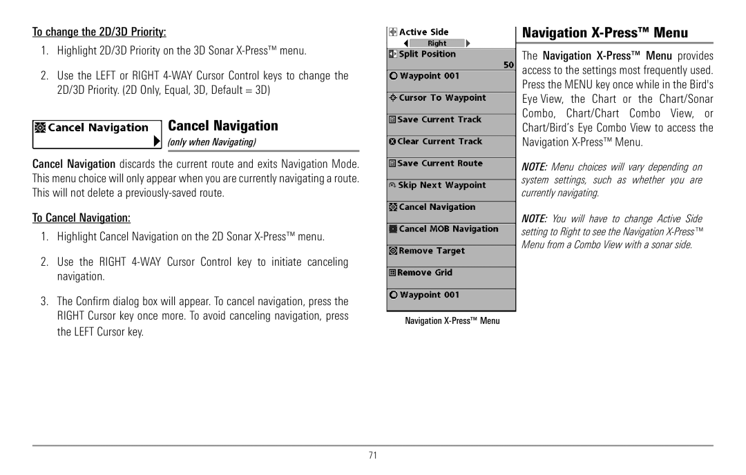 Humminbird 967C manual Navigation X-Press Menu, Left Cursor key 