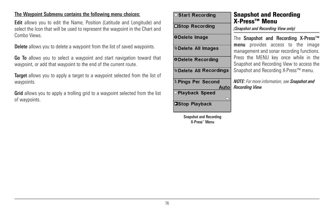 Humminbird 967C Snapshot and Recording Press Menu, Snapshot and Recording View only, Snapshot and Recording PressMenu 