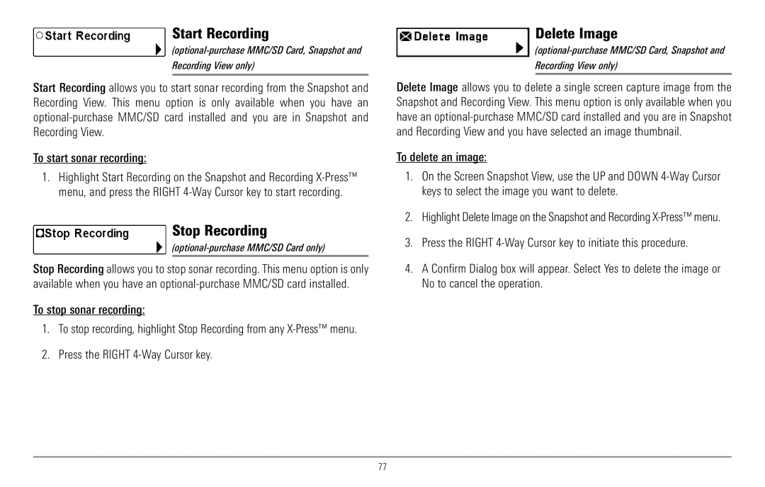 Humminbird 967C manual Start Recording, Stop Recording, Delete Image 