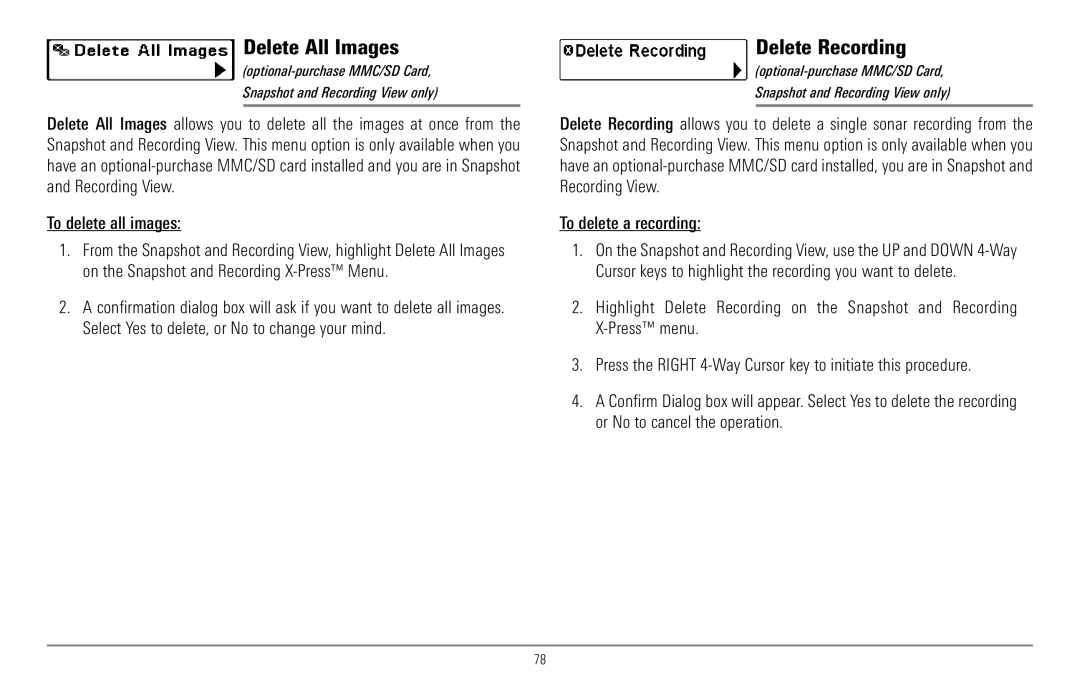 Humminbird 967C manual Delete All Images, Delete Recording 