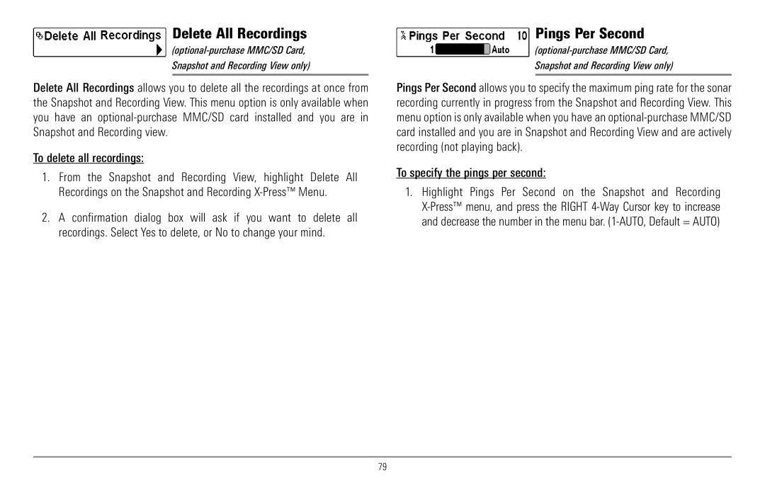 Humminbird 967C manual Delete All Recordings, Pings Per Second, To specify the pings per second 