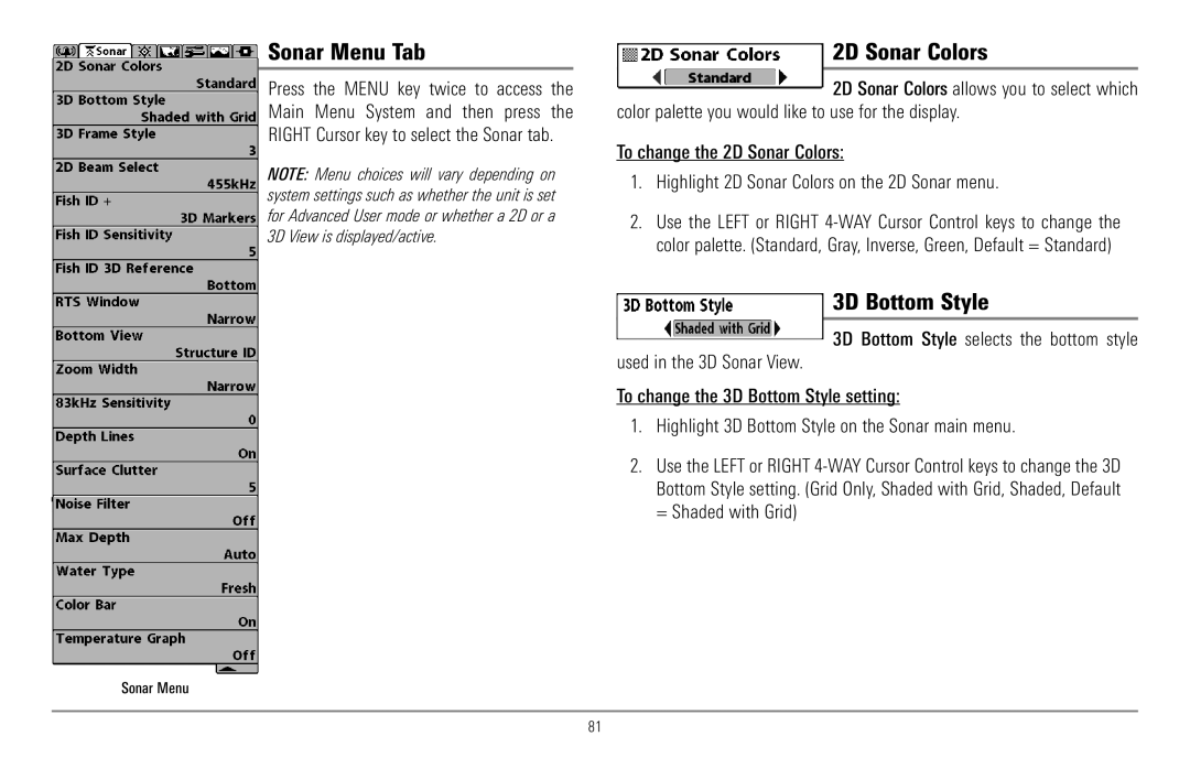 Humminbird 967C manual Sonar Menu Tab, 2D Sonar Colors, 3D Bottom Style 