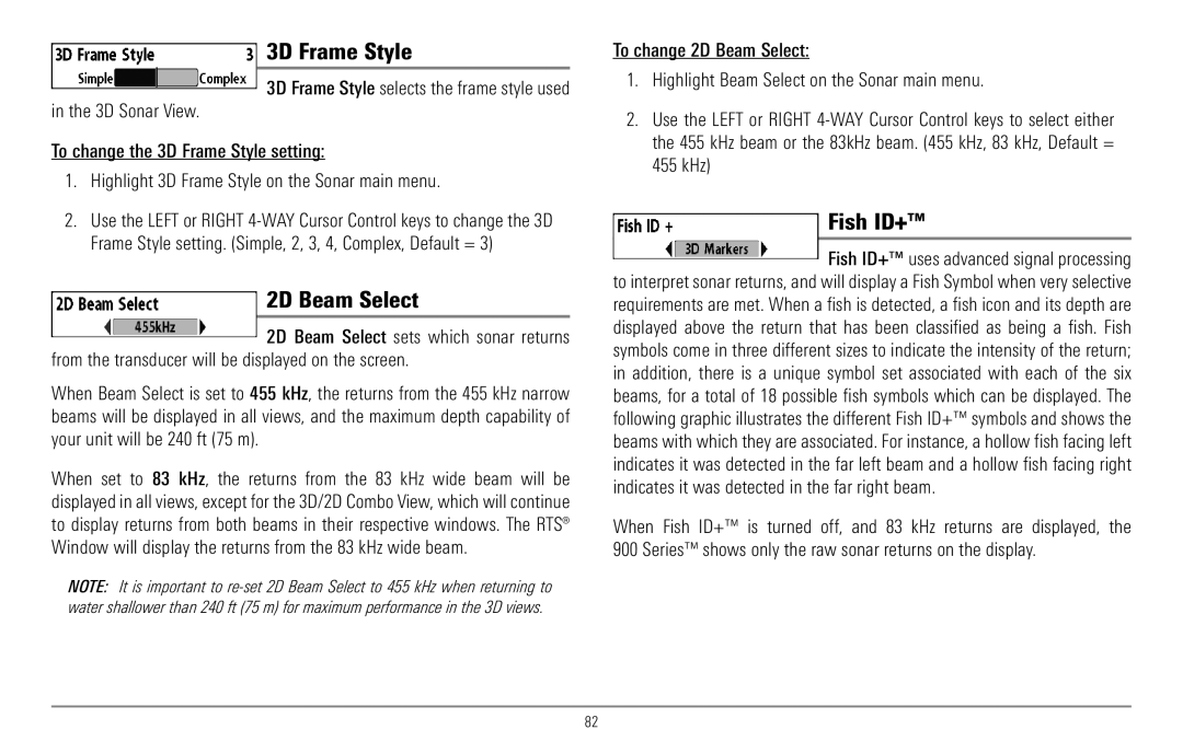 Humminbird 967C manual 3D Frame Style, 2D Beam Select, Fish ID+ 