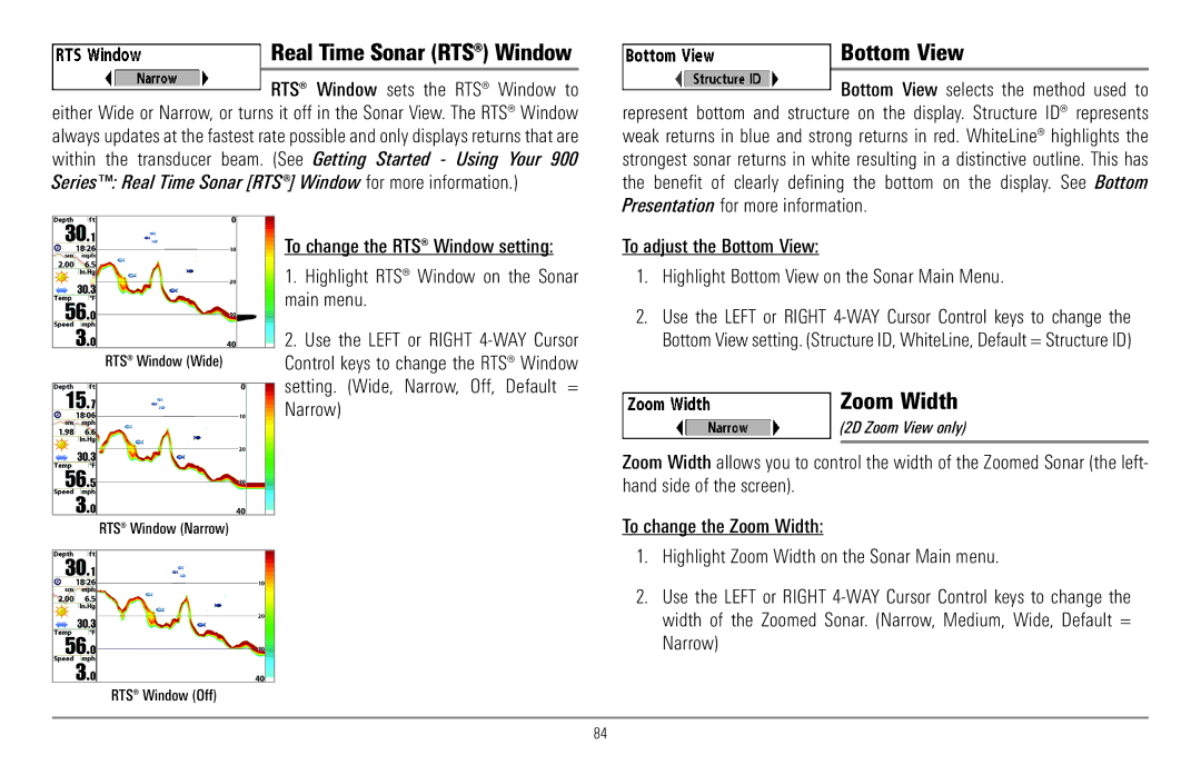 Humminbird 967C manual Bottom View, Zoom Width, RTS Window Narrow RTS Window Off 