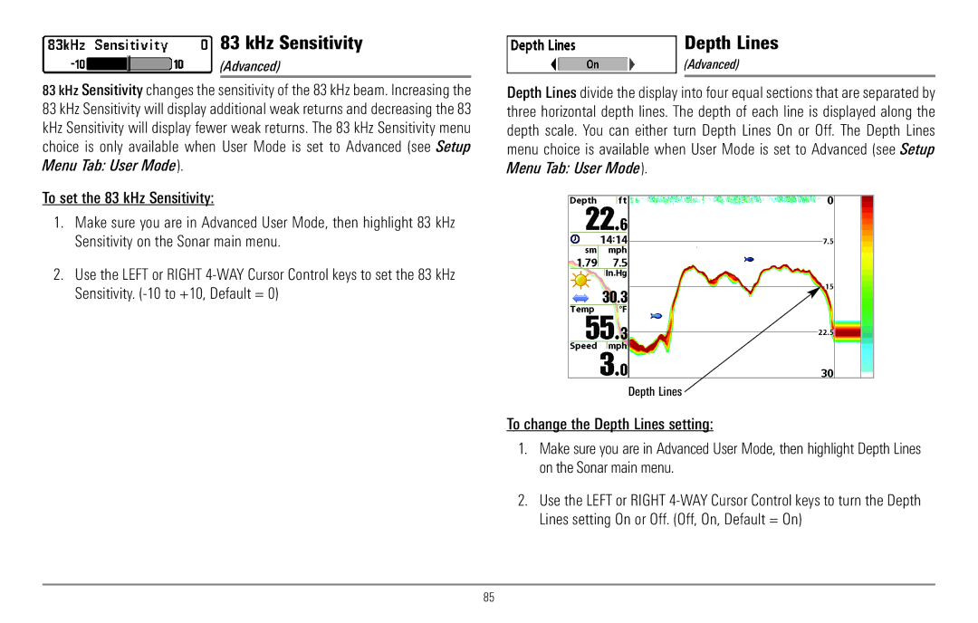 Humminbird 967C manual KHz Sensitivity, Depth Lines, Advanced 