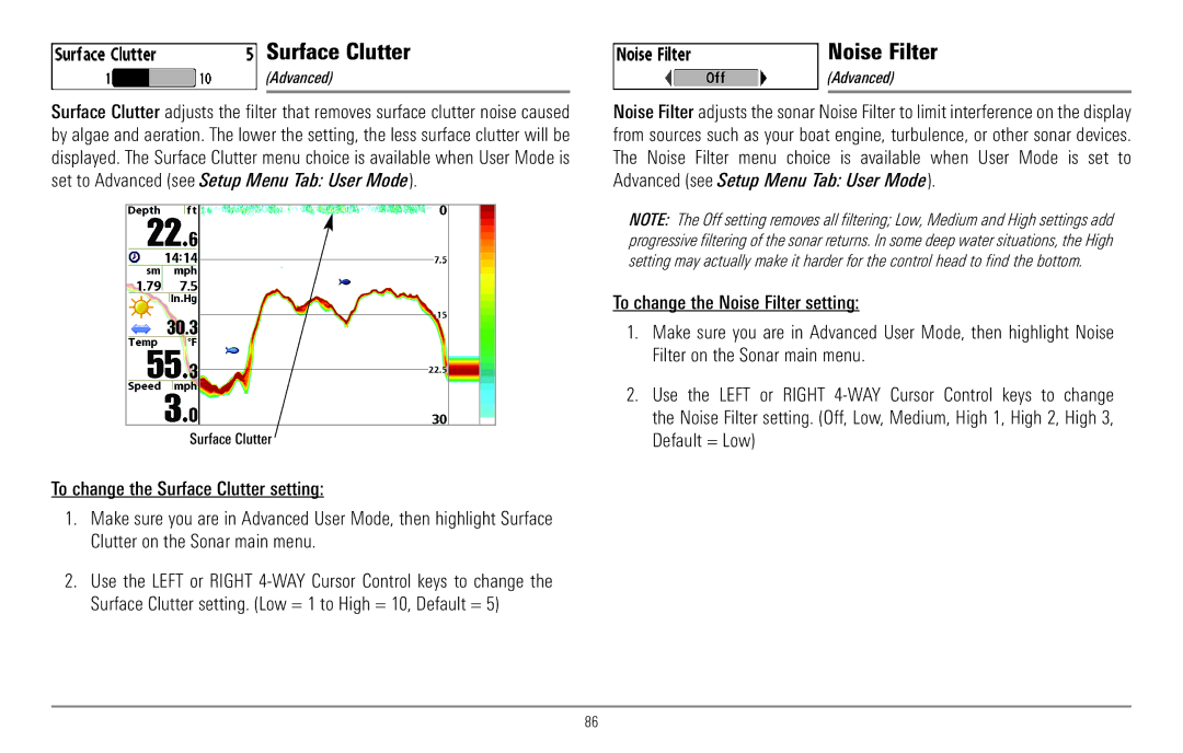 Humminbird 967C manual Surface Clutter, Noise Filter 