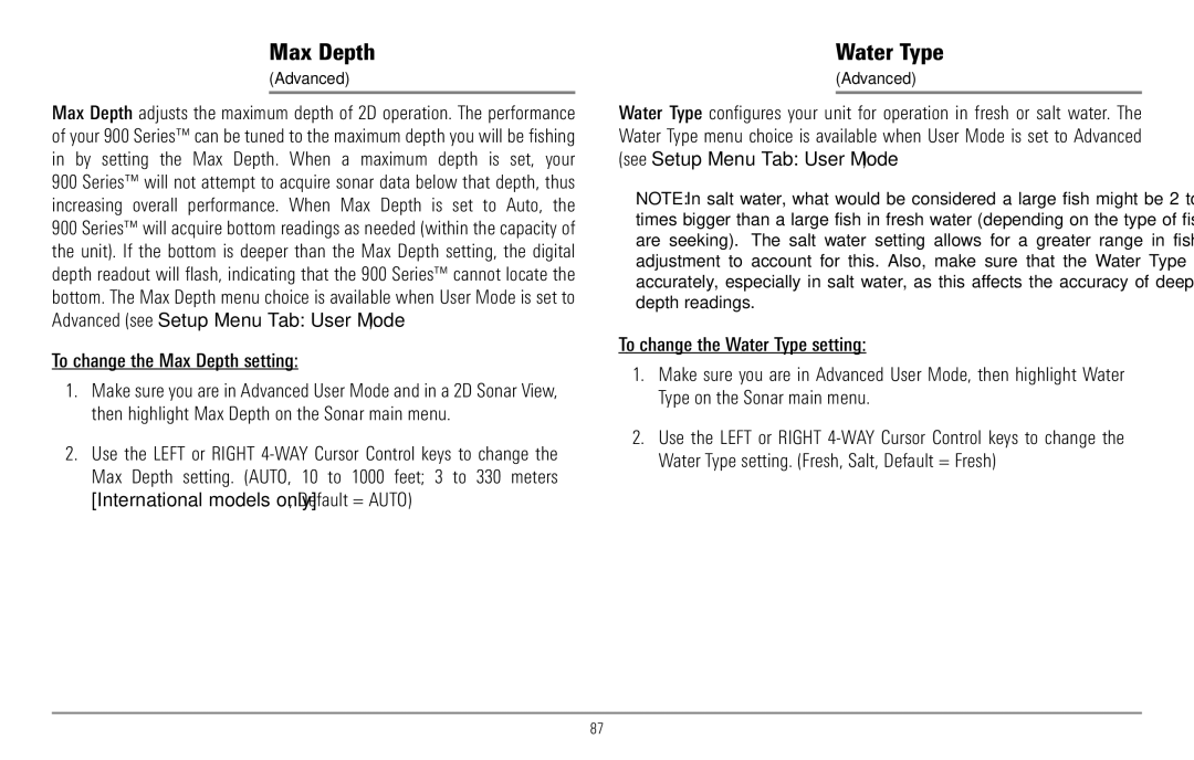 Humminbird 967C manual Water Type, To change the Max Depth setting 