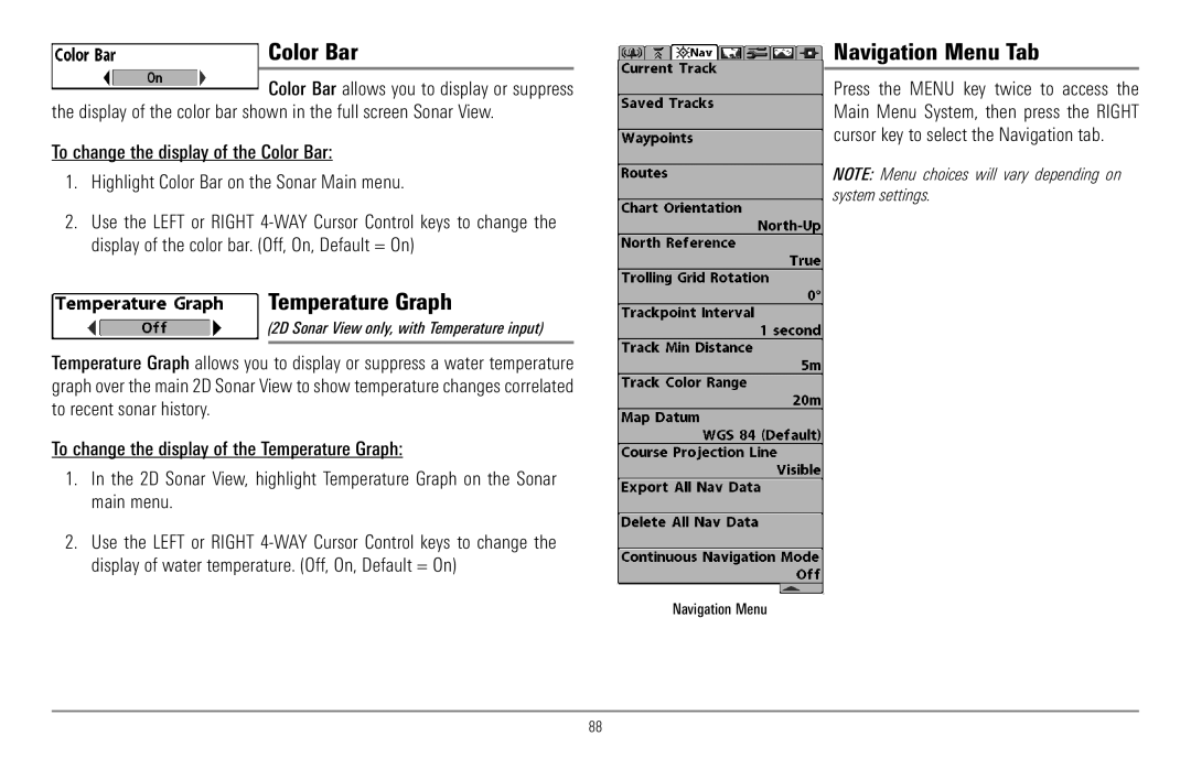 Humminbird 967C manual Color Bar, Temperature Graph, Navigation Menu Tab, 2D Sonar View only, with Temperature input 