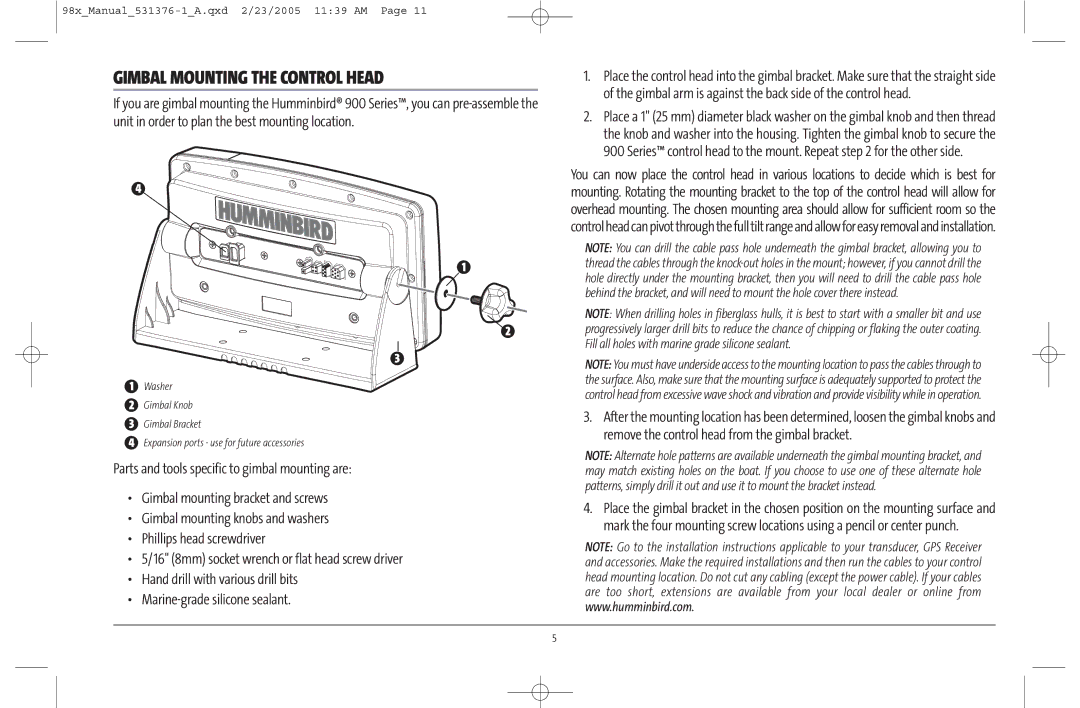 Humminbird 981 manual Gimbal Mounting the Control Head 