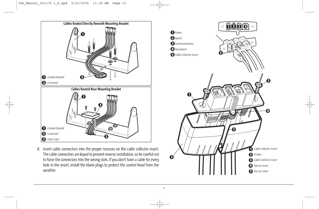 Humminbird 981 manual Cables Routed Near Mounting Bracket, Speed Communications Transducer Cable Collector Insert 