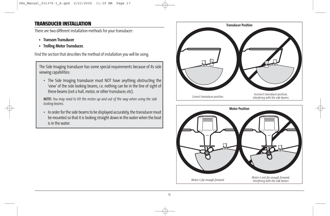 Humminbird 981 manual Transducer Installation, Transom Transducer Trolling Motor Transducer, Motor Position 