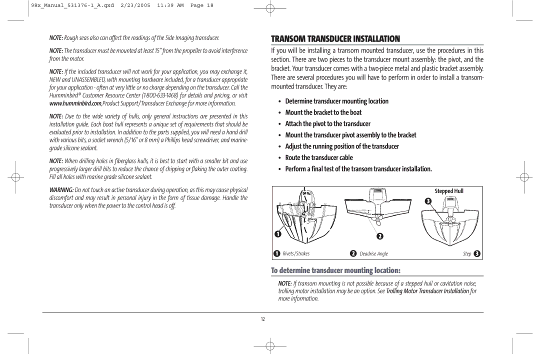 Humminbird 981 manual Transom Transducer Installation, Stepped Hull 