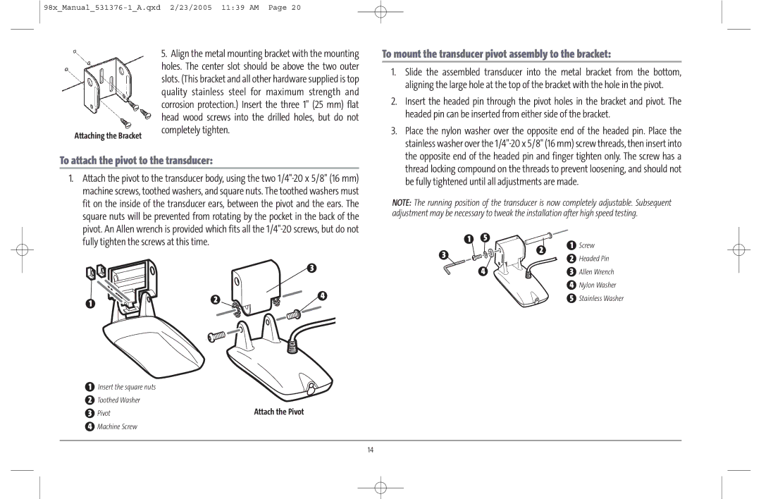 Humminbird 981 manual Headed pin can be inserted from either side of the bracket, Completely tighten 