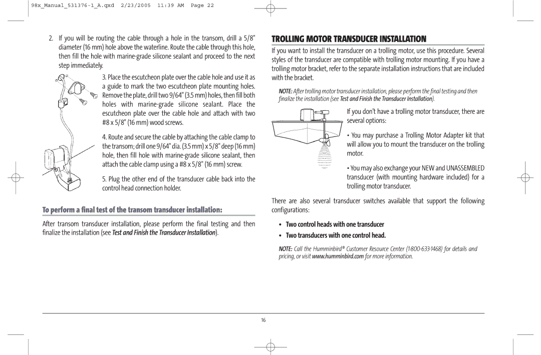 Humminbird 981 manual Trolling Motor Transducer Installation 