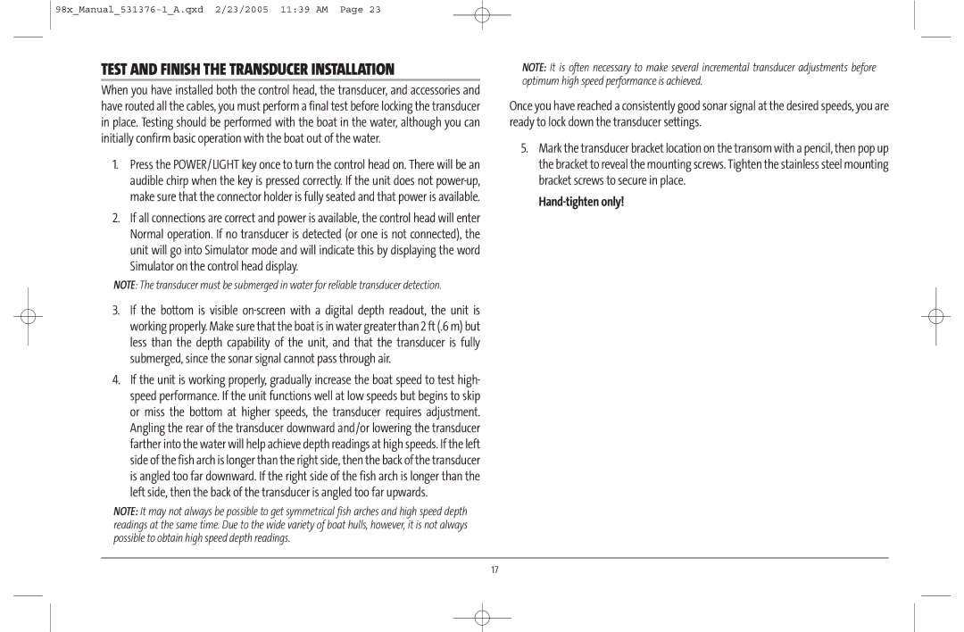 Humminbird 981 manual Test and Finish the Transducer Installation, Hand-tighten only 