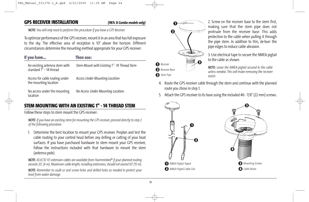 Humminbird 981 manual Follow these steps to stem mount the GPS receiver, To the cable as shown 