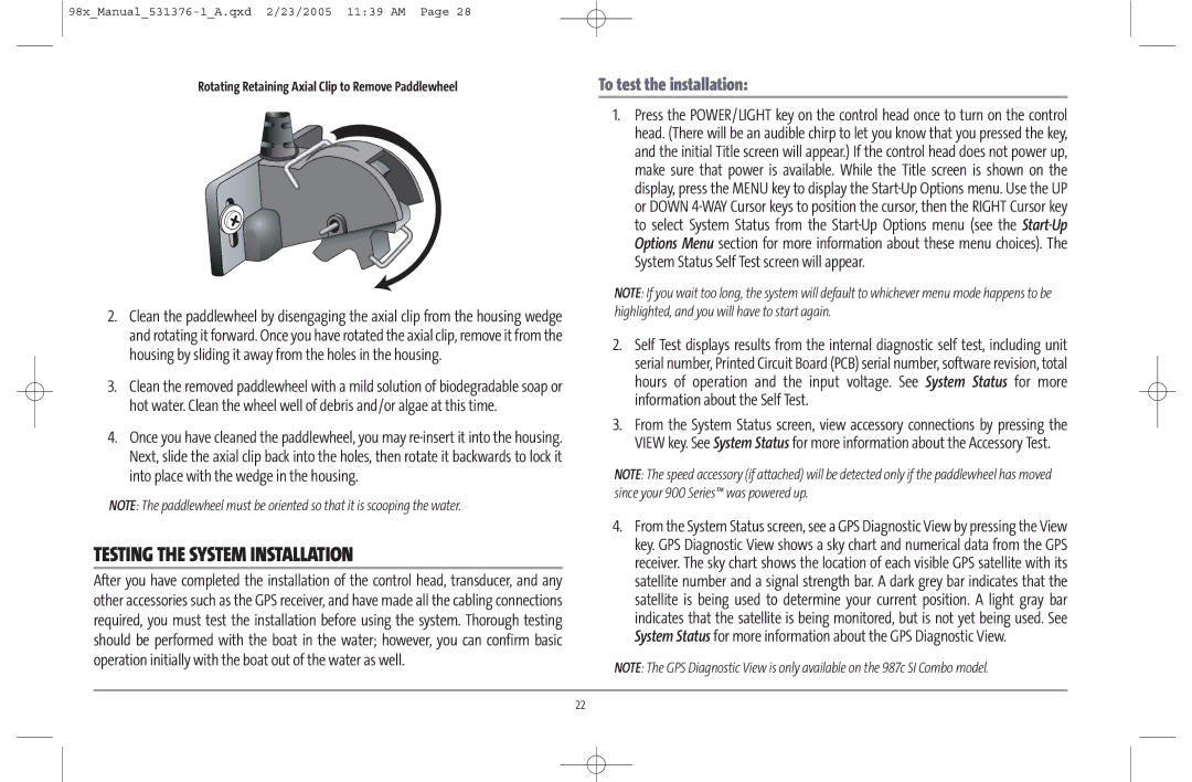 Humminbird 981 manual Testing the System Installation, Rotating Retaining Axial Clip to Remove Paddlewheel 