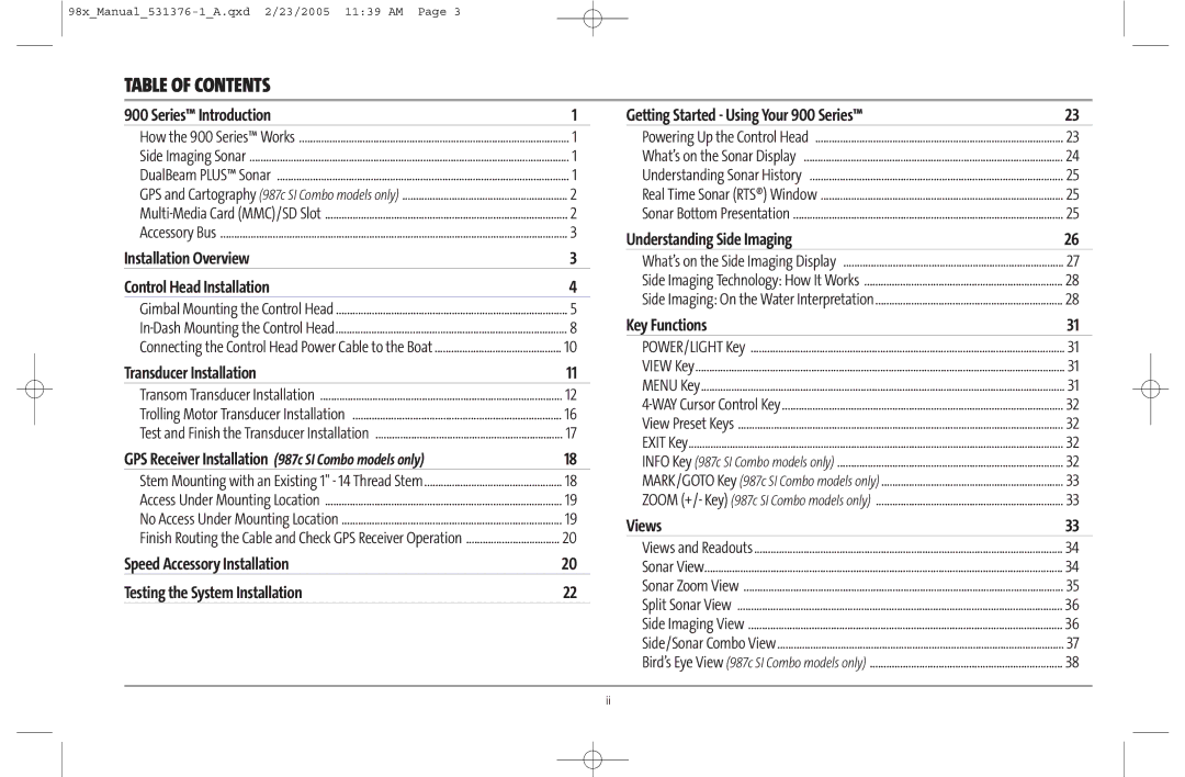 Humminbird 981 manual Table of Contents 