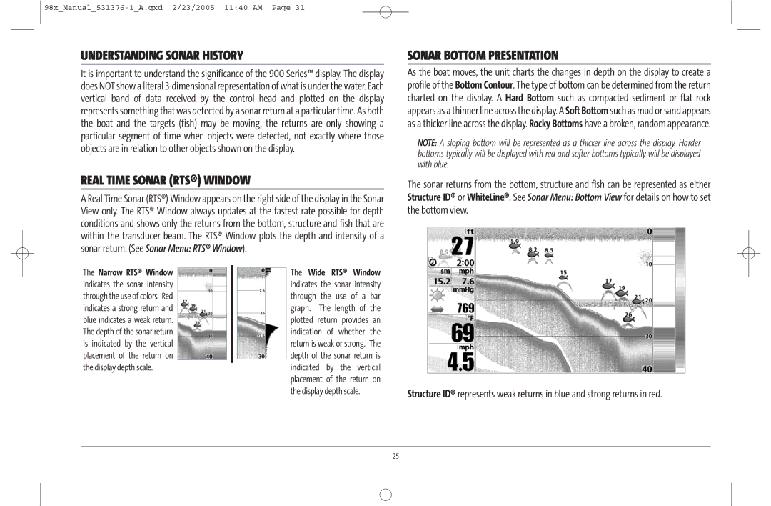 Humminbird 981 manual Understanding Sonar History, Real Time Sonar RTS Window, Sonar Bottom Presentation 