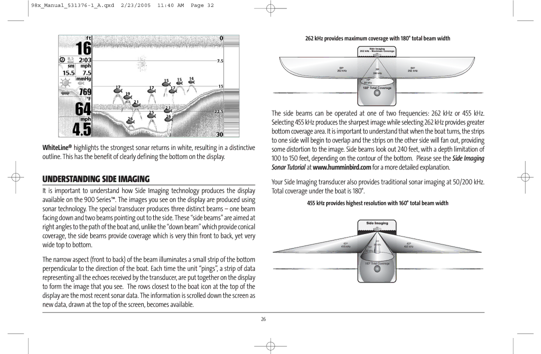 Humminbird 981 manual Understanding Side Imaging, KHz provides maximum coverage with 180 total beam width 