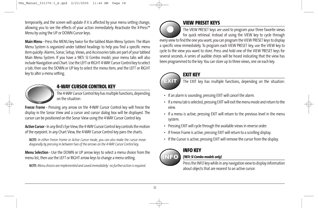 Humminbird 981 manual WAY Cursor Control KEY, View Preset Keys, Exit KEY, Info KEY, 987c SI Combo models only 