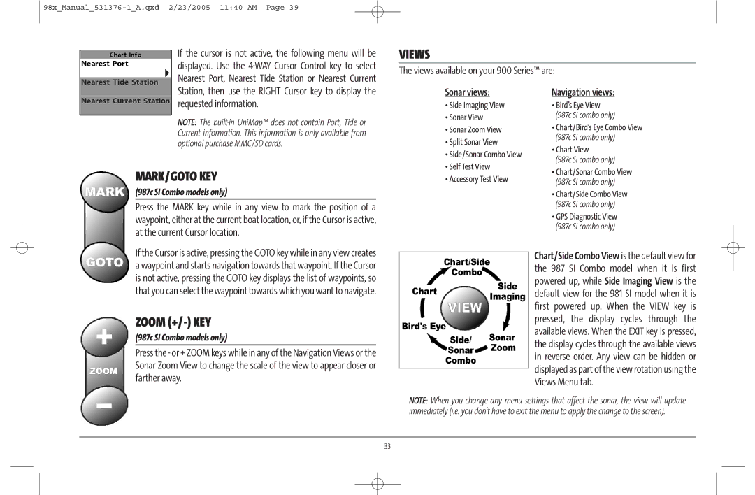 Humminbird 981 manual Mark/Goto Key, Views available on your 900 Series are, Sonar views, Requested information 