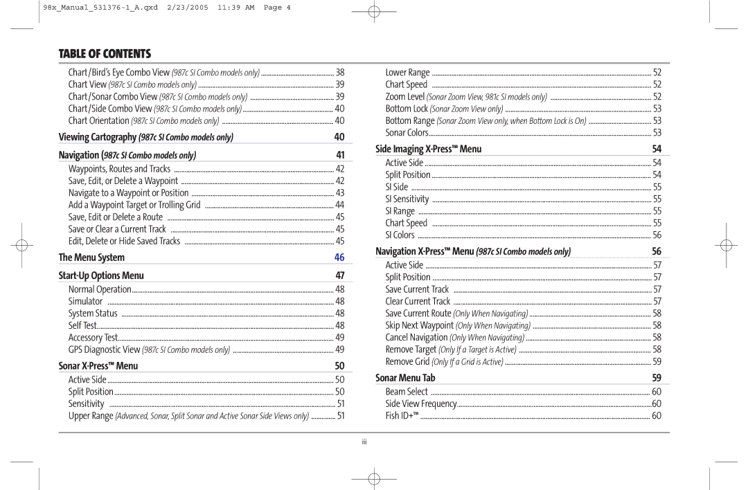 Humminbird 981 manual Menu System Start-Up Options Menu, Sonar X-Press Menu, Side Imaging X-Press Menu, Sonar Menu Tab 