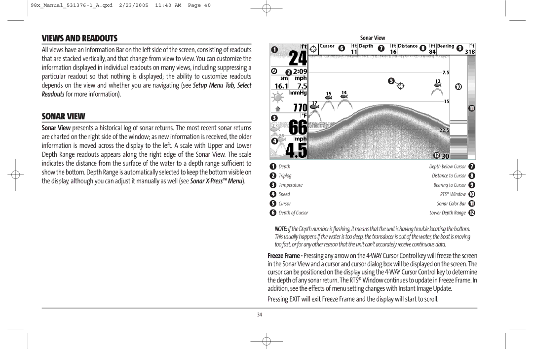 Humminbird 981 manual Views and Readouts, Sonar View 