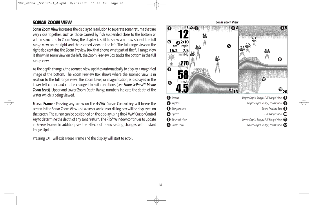 Humminbird 981 manual Sonar Zoom View 