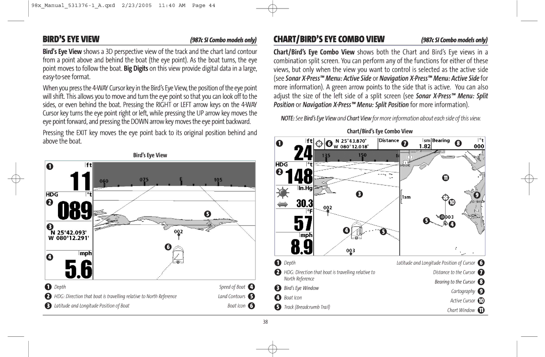 Humminbird 981 manual Bird’s Eye View, Chart/Bird’s Eye Combo View 