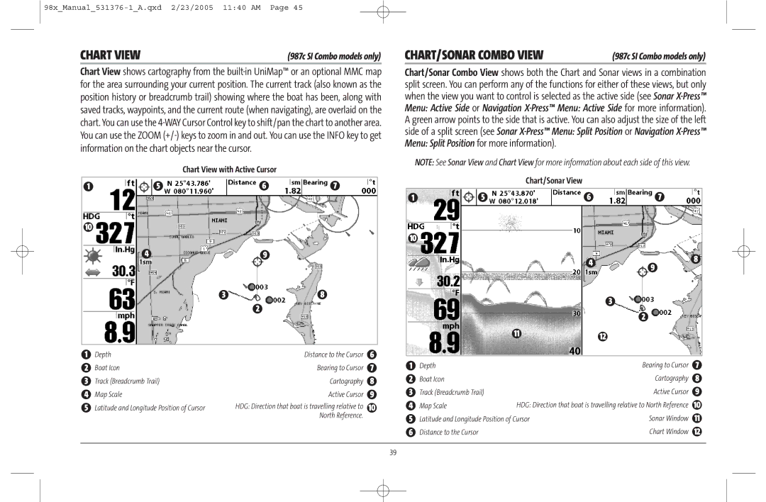 Humminbird 981 manual Chart View with Active Cursor, Chart/Sonar View 