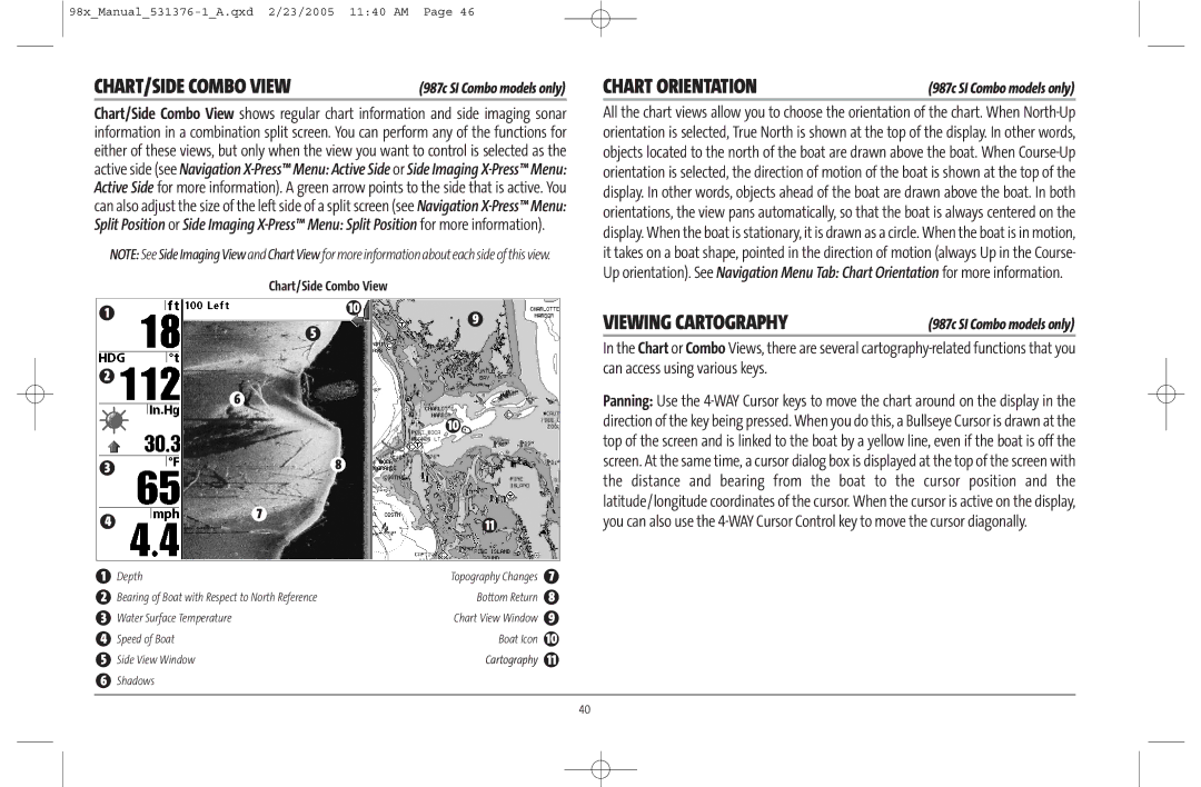 Humminbird 981 manual CHART/SIDE Combo View, Chart/Side Combo View 