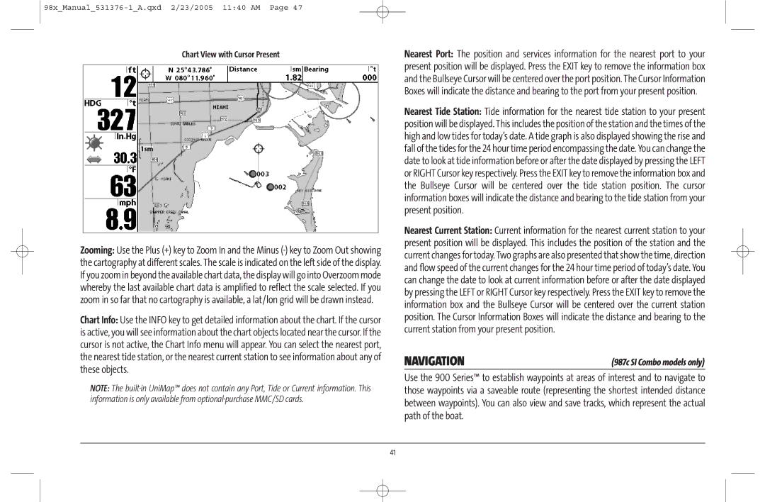 Humminbird 981 manual Navigation, Chart View with Cursor Present 