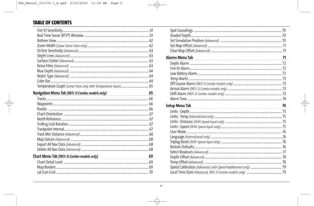 Humminbird 981 manual Alarms Menu Tab, Setup Menu Tab 